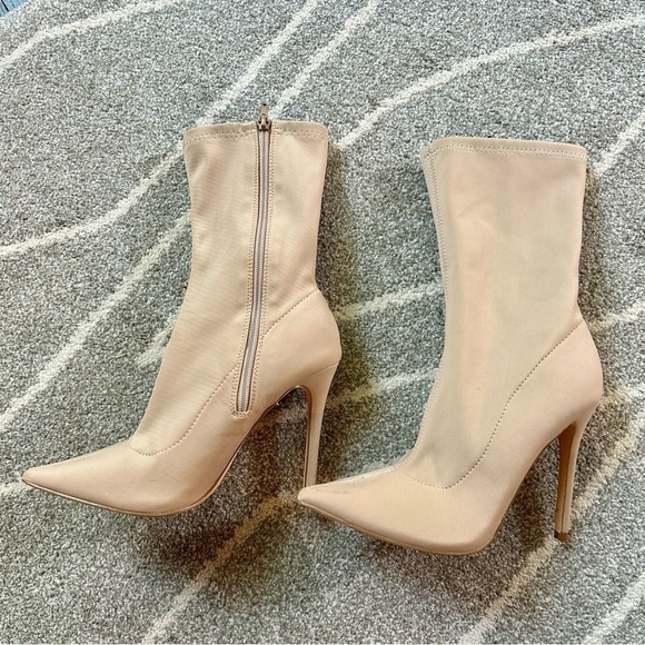 Fashion Nova Nude Stretch Calf High Heel Boots - Picture 1 of 7